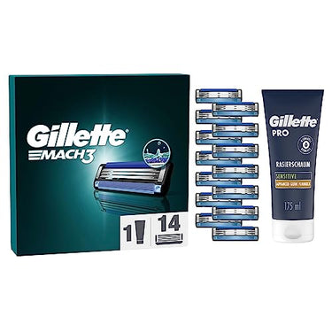 Gillette Mach3 Rasierklingen für Rasierer, 14 Ersatzklingen für Nassrasierer Herren mit 3-fach Klinge + Gillette PRO Sensitive Rasierschaum 175 ml, Geschenk für Männer im Sale